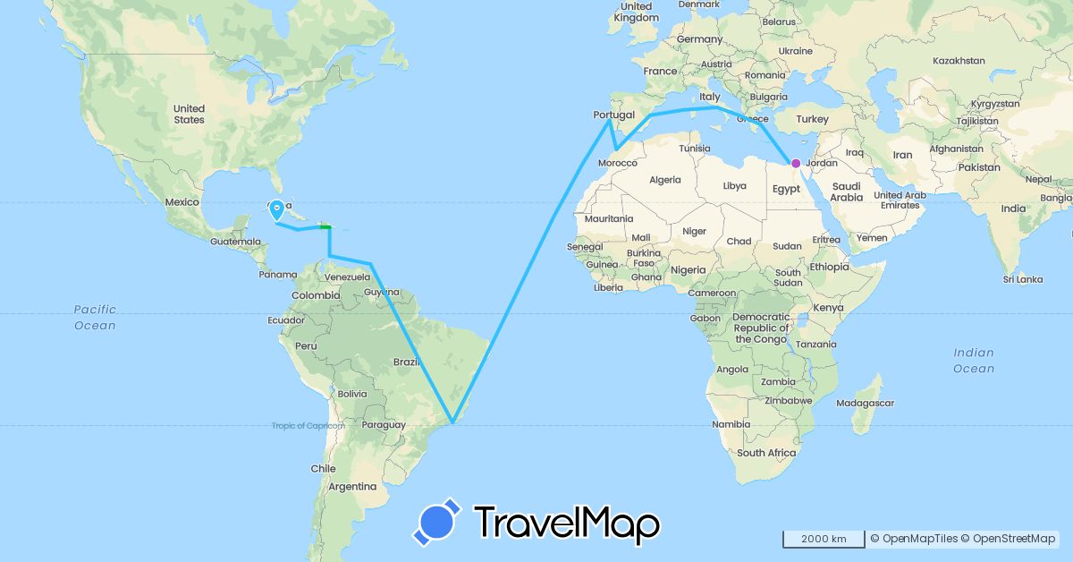 TravelMap itinerary: driving, bus, train, boat in Brazil, Dominican Republic, Egypt, Spain, Greece, Haiti, Italy, Jamaica, Cayman Islands, Morocco, Netherlands, Portugal (Africa, Europe, North America, South America)